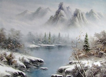 Lago y montañas en niebla BR Paisaje Pinturas al óleo
